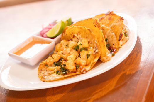 Popcorn Shrimp Tacos with Cheese and Crispy Okra