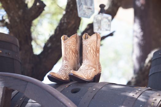 A pair of intricately designed cowboy boots resting on a wooden barrel outdoors.