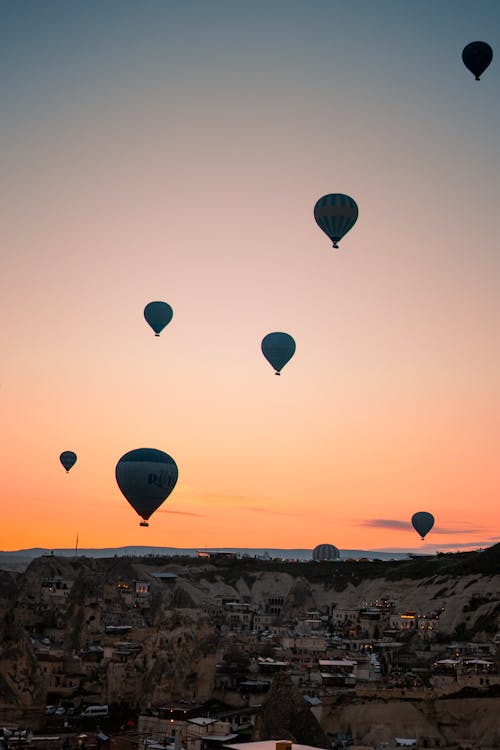 Free Silhouette of Hot Air Balloons In The Sky Stock Photo
