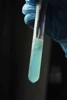 Close-up of a science experiment with blue liquid in a test tube.