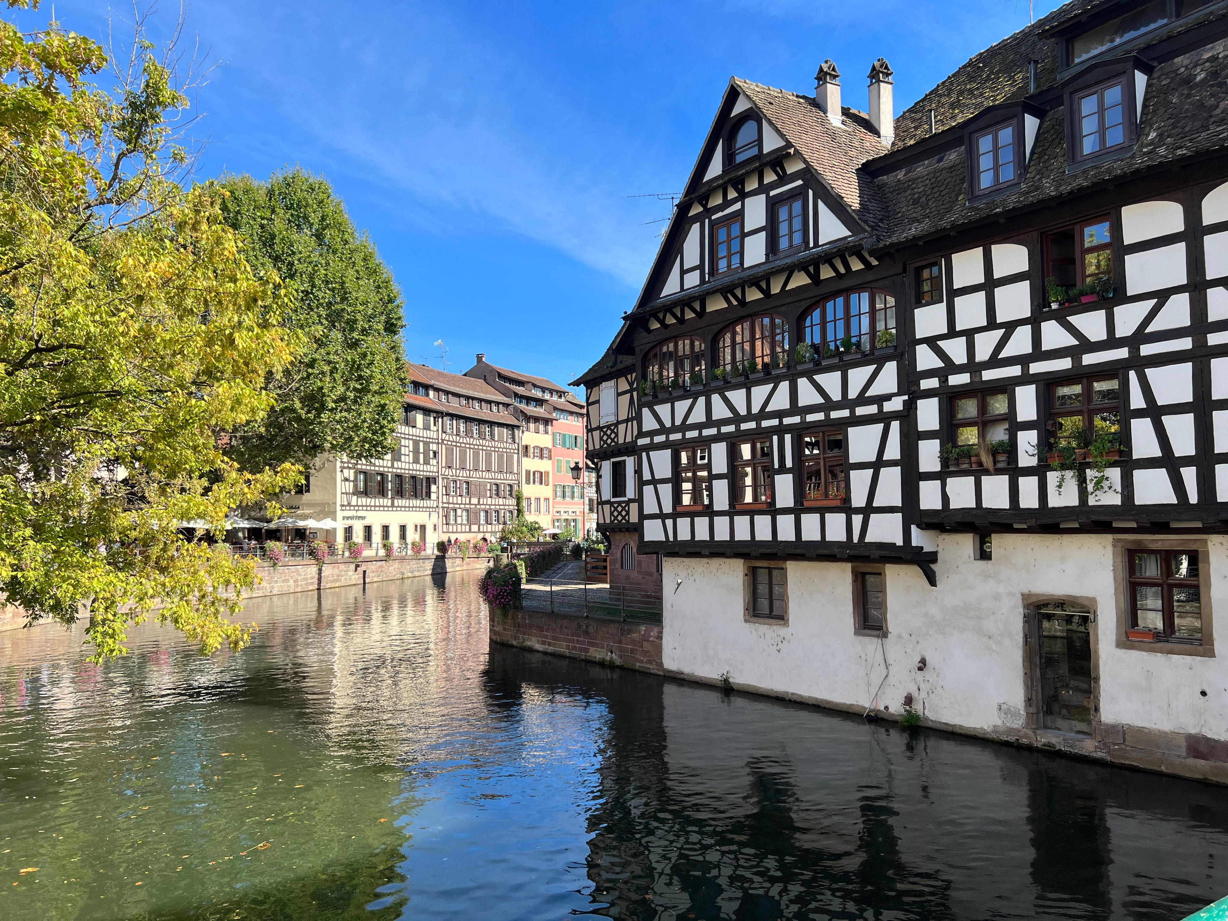 Half-timbered houses with white walls and dark beams beside a canal, with green trees on the left under a blue sky