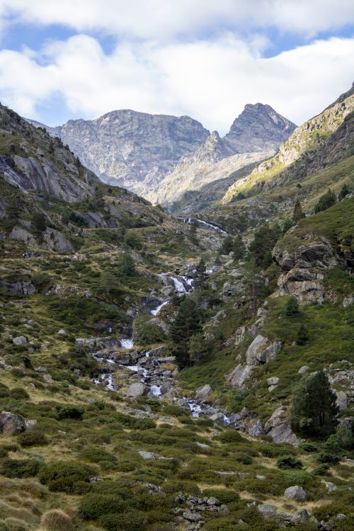 Free Breathtaking view of a cascading waterfall in a lush green mountain valley under a clear sky. Stock Photo