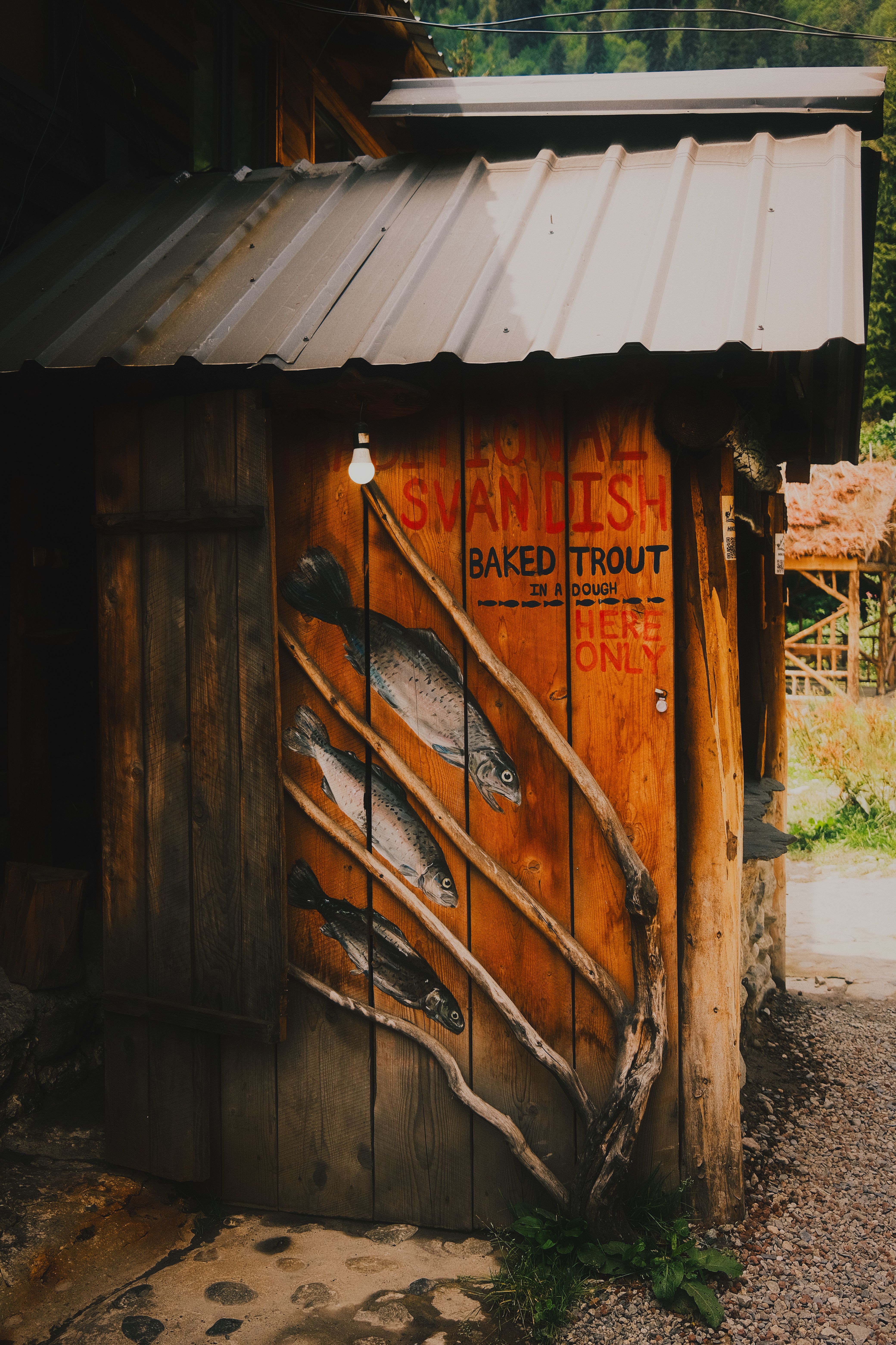 Outdoor wooden cabin with artistic fish display on wall, rustic ambiance.