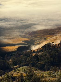 A breathtaking aerial view of a mist-covered landscape in East Java, Indonesia at sunrise.