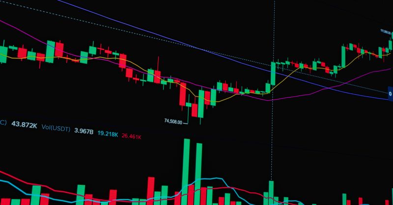 Abstract editorial data-visualization illustration in balanced, blue-toned tones representing the cryptocurrency and digital-asset market — crypto scenario analysis.