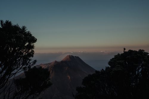 Free Sunset view of Mount Merbabu from Jawa Tengah, Indonesia, framed by silhouetted trees under a gradient sky. Stock Photo