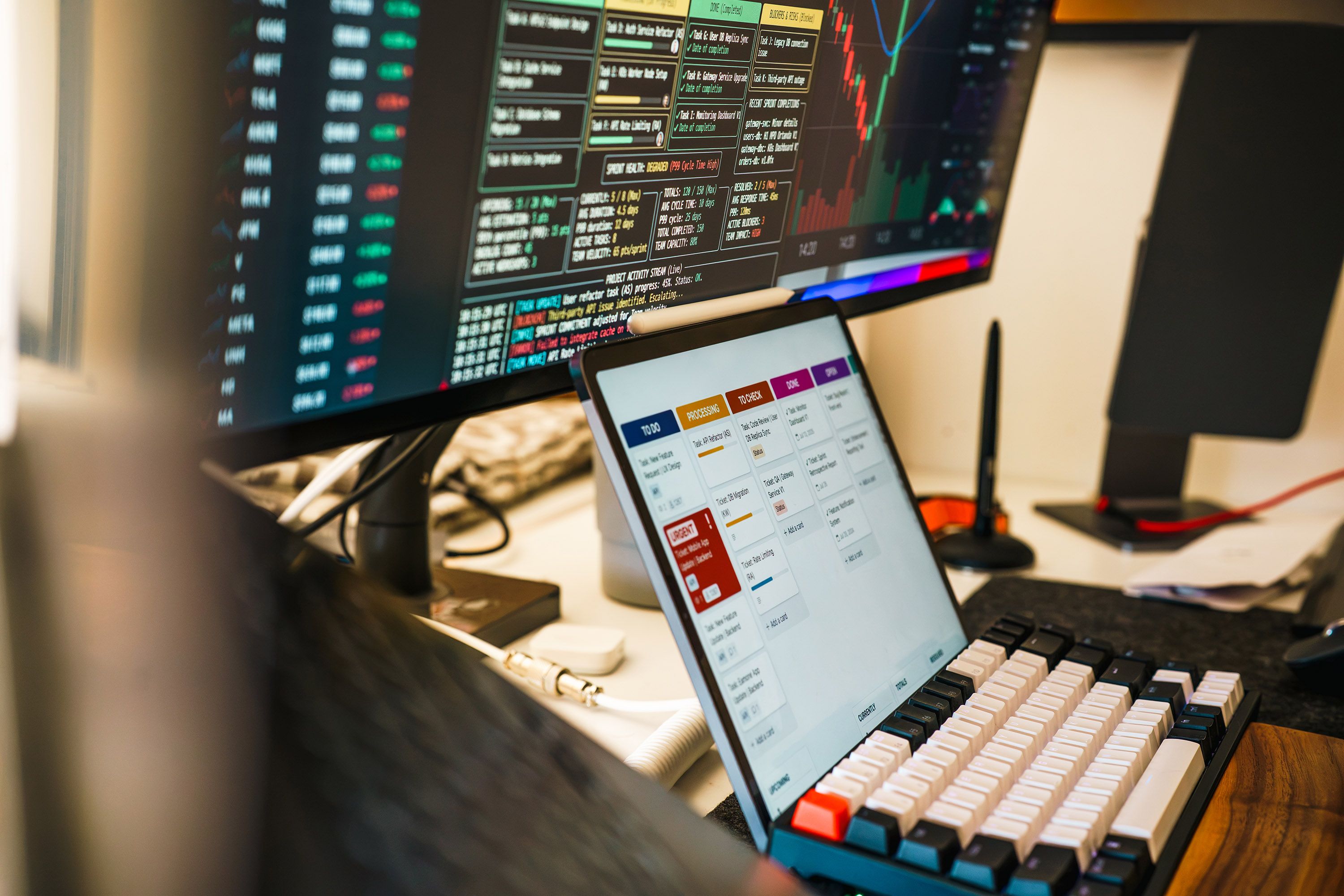 A sleek, modern workspace featuring trading monitors and a tablet for project management.