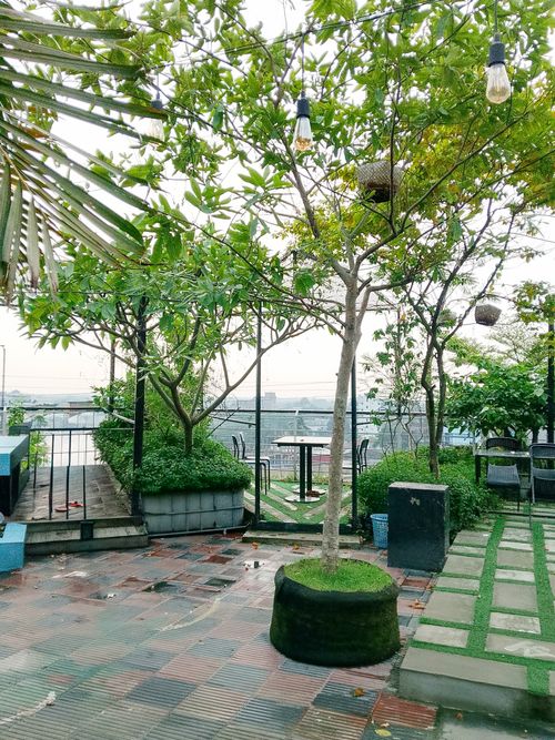 Free Peaceful rooftop garden featuring vibrant trees and relaxation area with outdoor furniture. Stock Photo