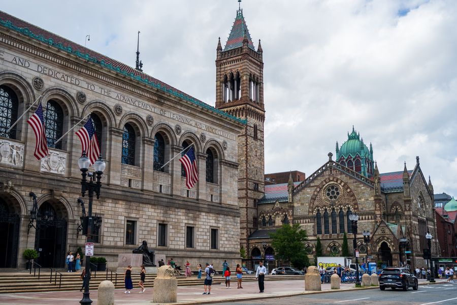 Boston Public Library and Old South Church on Copley Square in Back Bay