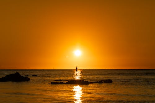 Silhouette of Person on Sea during Sunset