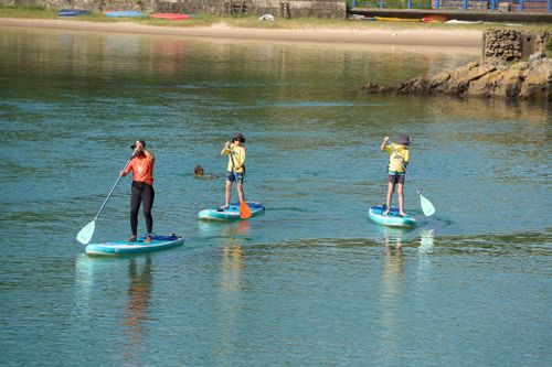 Free A family paddleboarding on calm waters during a sunny summer day, perfect for outdoor fun. Stock Photo