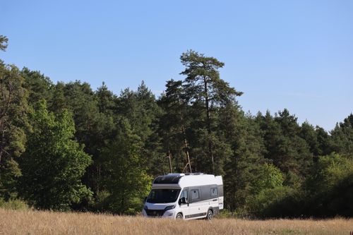 Free A campervan enjoys the serene beauty of a forest setting at Fralignes, perfect for off-grid living. Stock Photo