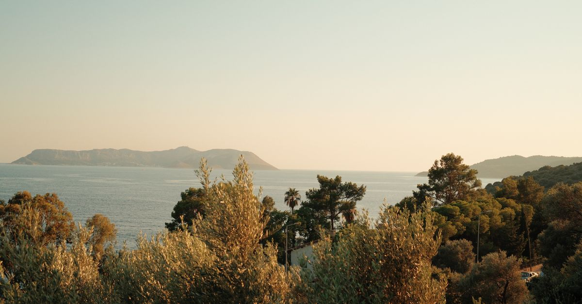 The coast at Kas in Antalya province, pine slopes running down to the Mediterranean at sunset