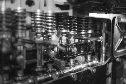 Close-up black and white photo of detailed engine components and metal springs.