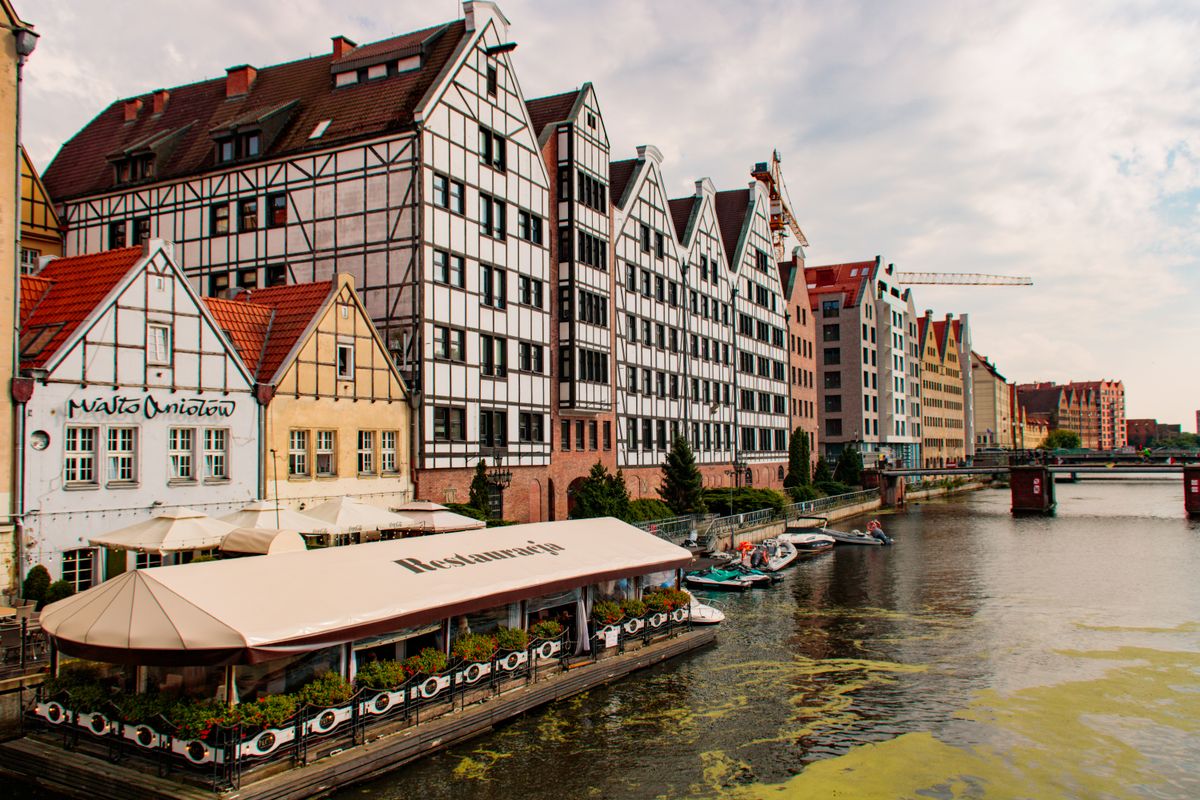 Gdansk Old Town waterfront with historic architecture along the river