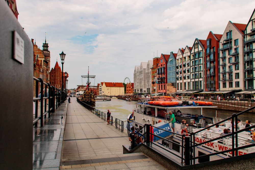 Picturesque Gdansk waterfront with colourful architecture and boats