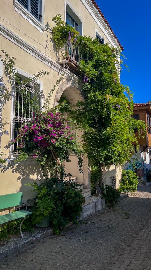 Free Beautiful Mediterranean house adorned with lush ivy and pink flowers on a bright sunny day. Stock Photo