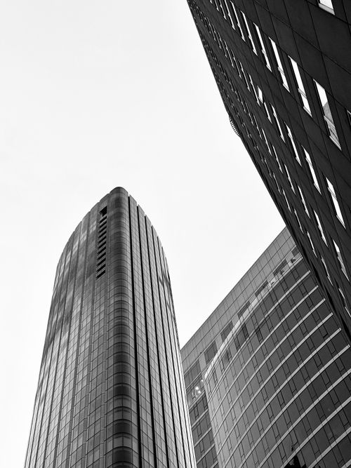 Free Dramatic black and white photo of urban skyscrapers from a low angle, emphasizing modern architecture. Stock Photo