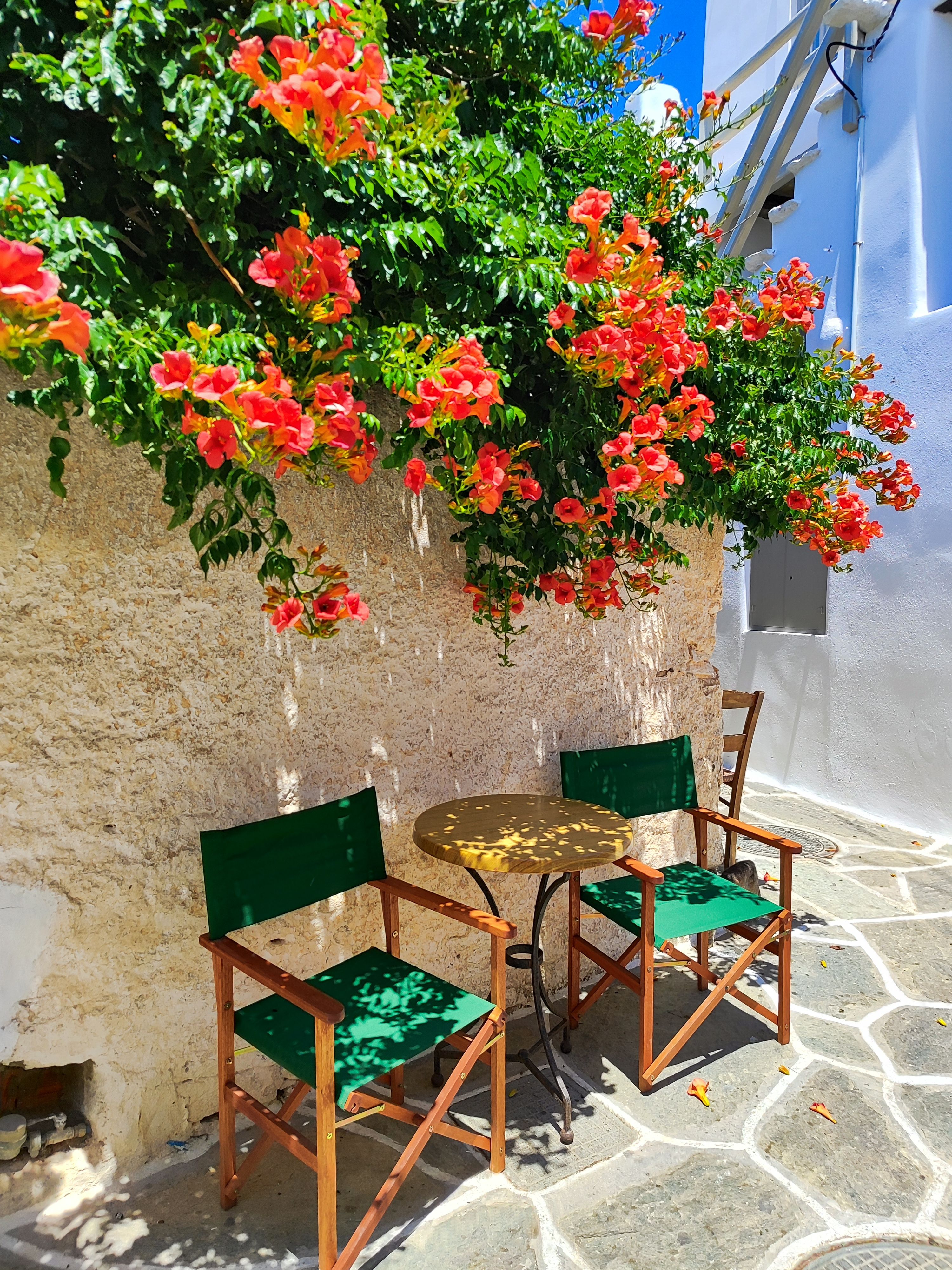Café table and bright flowers in a village on Sikinos
