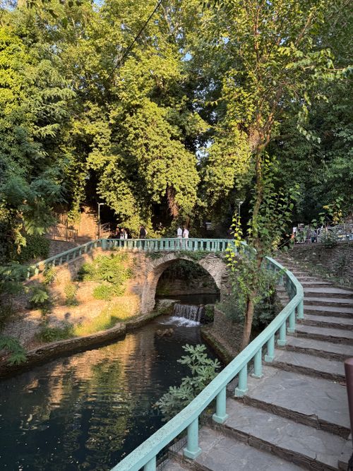 Free Picturesque arch bridge over a calm stream surrounded by lush greenery in a serene park. Stock Photo