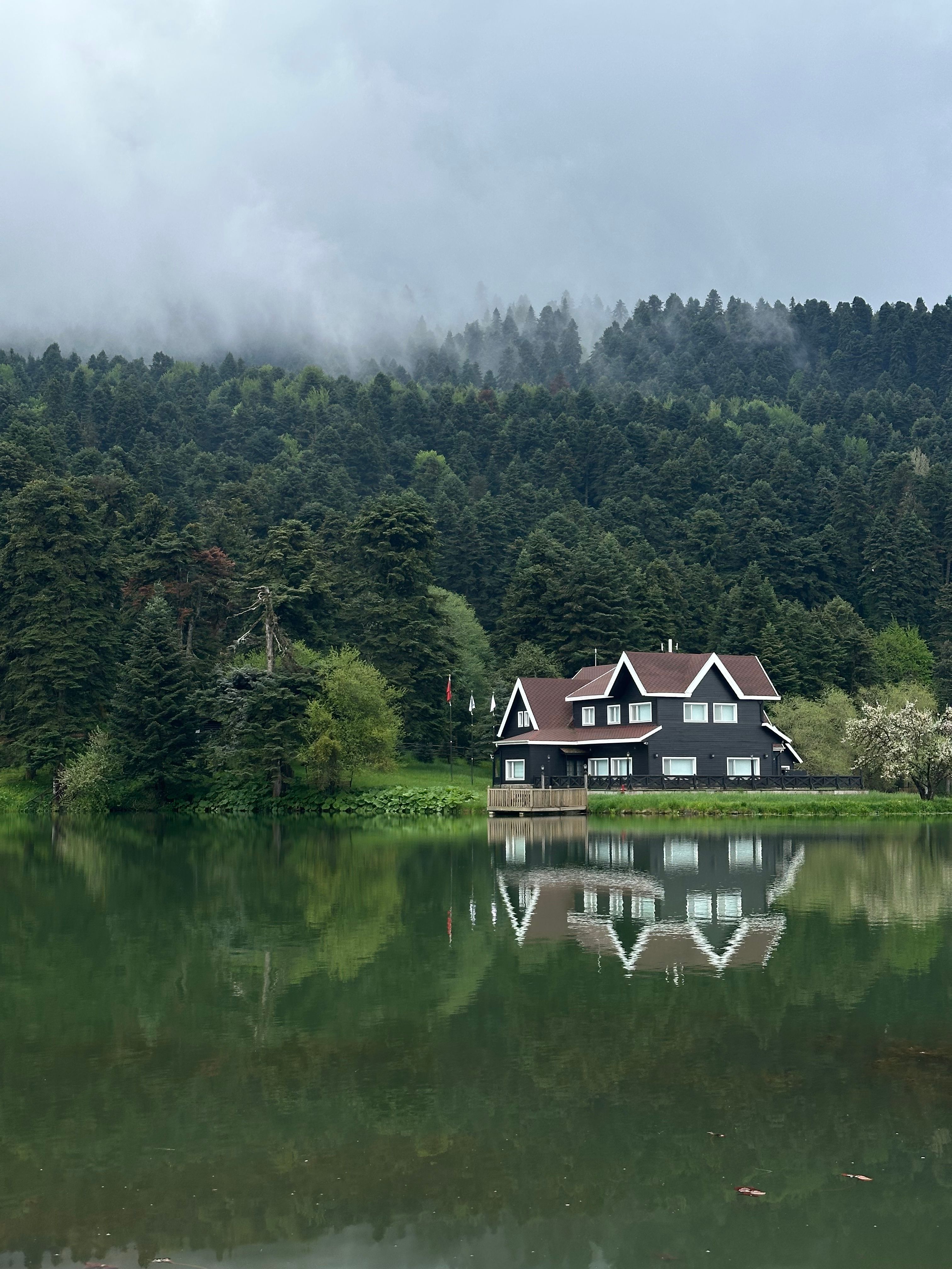 Idyllic cottage by a serene lake surrounded by mist-covered trees, reflecting tranquility and natural beauty.
