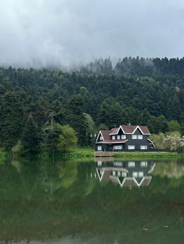 Idyllic cottage by a serene lake surrounded by mist-covered trees, reflecting tranquility and natural beauty.