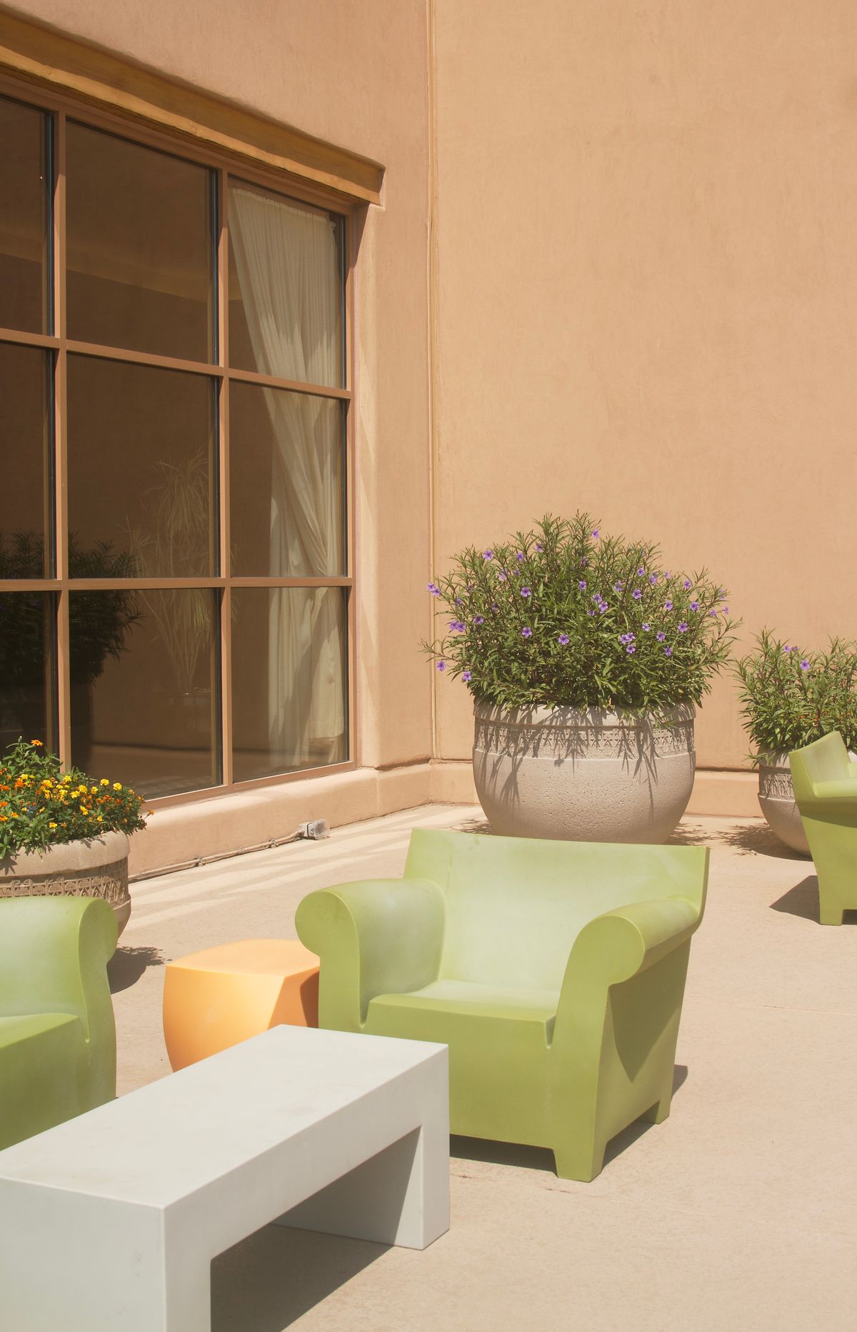 The recovery courtyard: adobe walls, green chairs and potted olive trees
