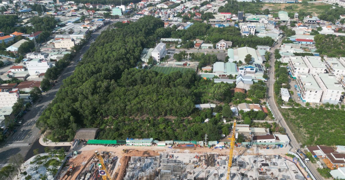 Aerial view of a construction site amidst a vibrant urban landscape with greenery.
