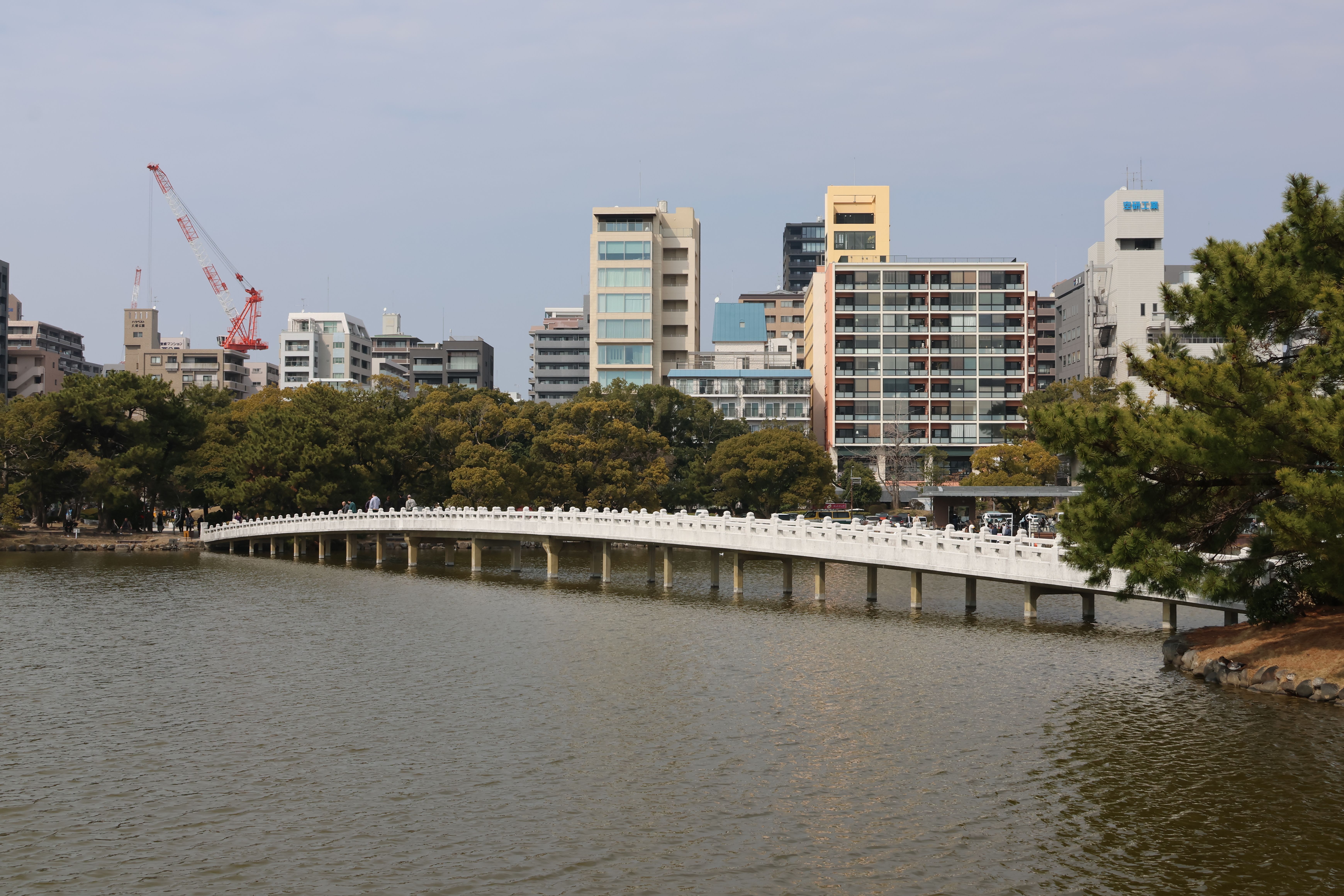 View of urban skyline with a bridge over a lake surrounded by greenery.