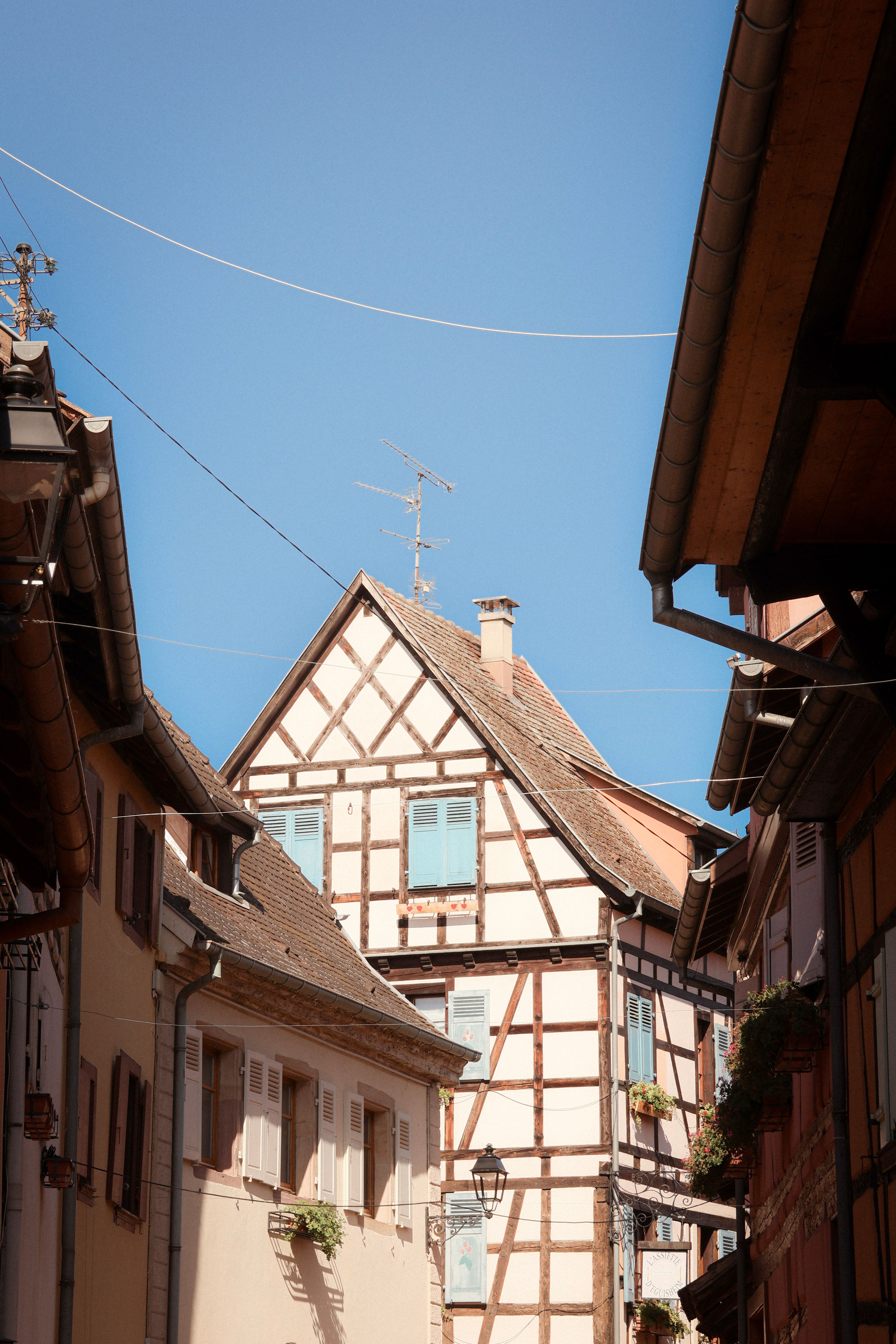 Picturesque medieval half-timbered houses under a clear blue sky in Eguisheim, France.