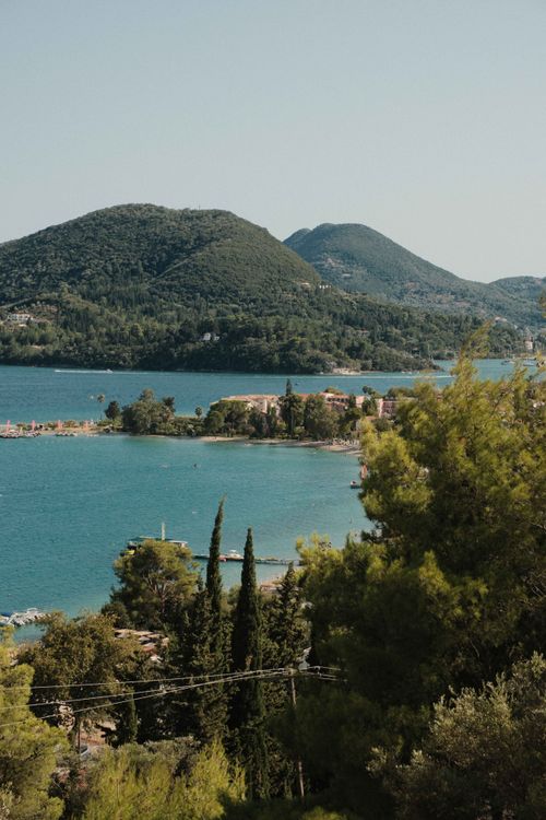 Free A stunning aerial view of Lefkada's natural landscape with turquoise sea and lush greenery. Stock Photo