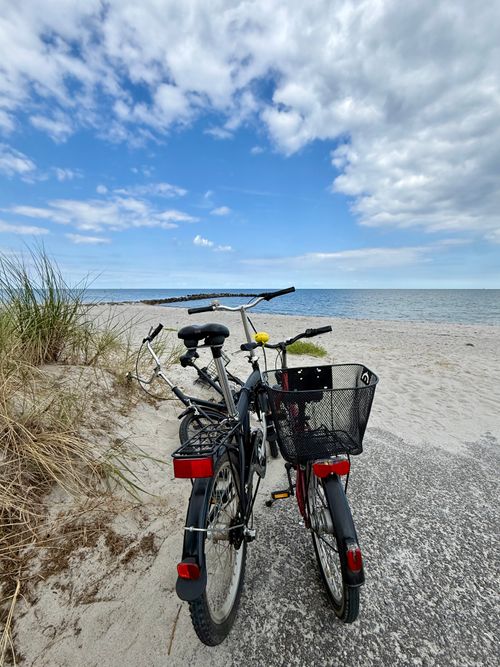Free Two bicycles parked on a serene Baltic Sea beach path, under a partly cloudy sky. Stock Photo