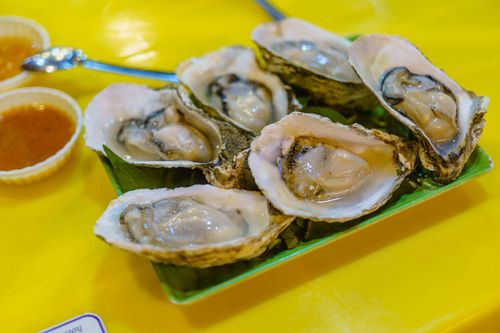 Free Appetizing fresh oysters on a green plate with sauces, ideal for seafood concepts. Stock Photo