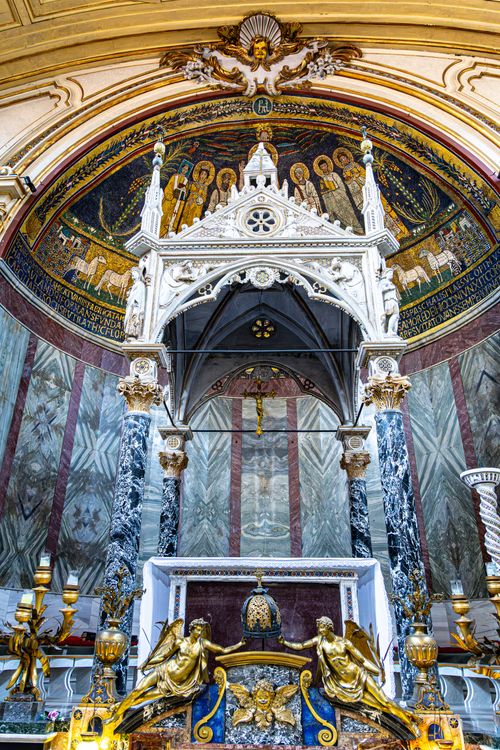Free Intricate altar and mosaic details in the Basilica of San Clemente, Rome. Rich with history and artistry. Stock Photo