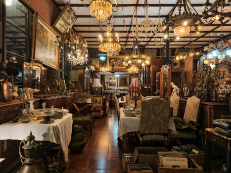 Explore a vintage antique shop filled with ornate chandeliers, classic furniture, and decorative art pieces.