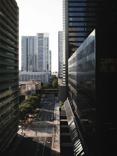 Free Aerial view of downtown Houston's skyscrapers and streets in daylight. Stock Photo