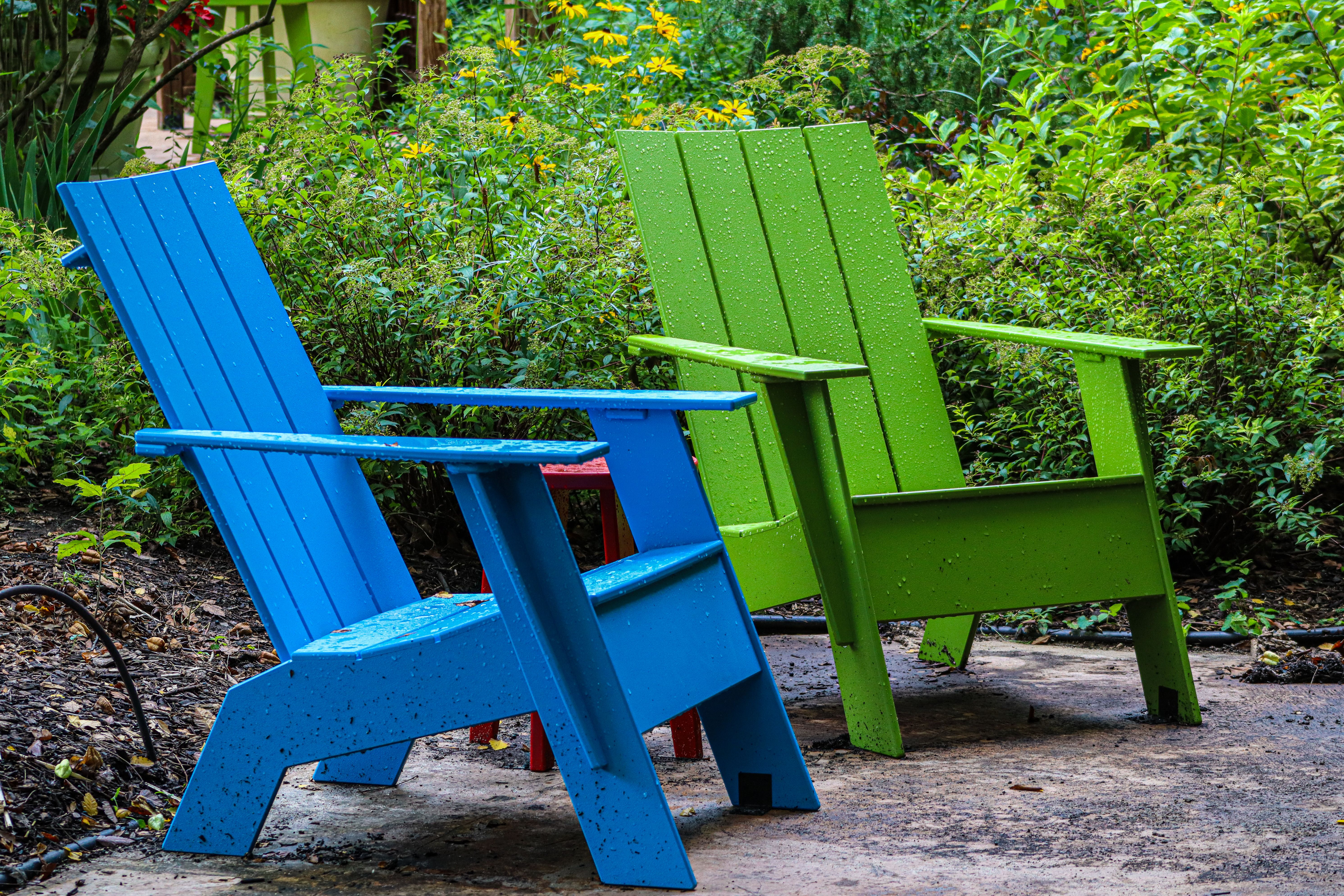 Vibrant blue and green Adirondack chairs add charm to a lush garden setting.