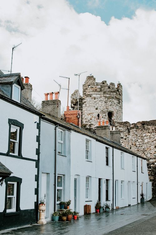 Free Picturesque row houses by historical castle in serene countryside setting. Stock Photo