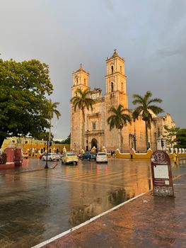 Beautiful sunset view of the historic San Servacio Church in Valladolid, Yucatán, Mexico.