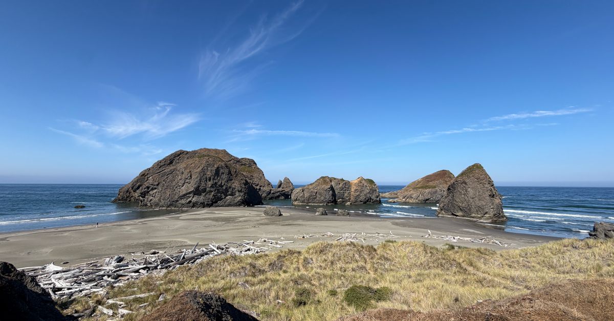 Serene view of rocky formations on a sandy beach along the Oregon coast under a clear blue sky.