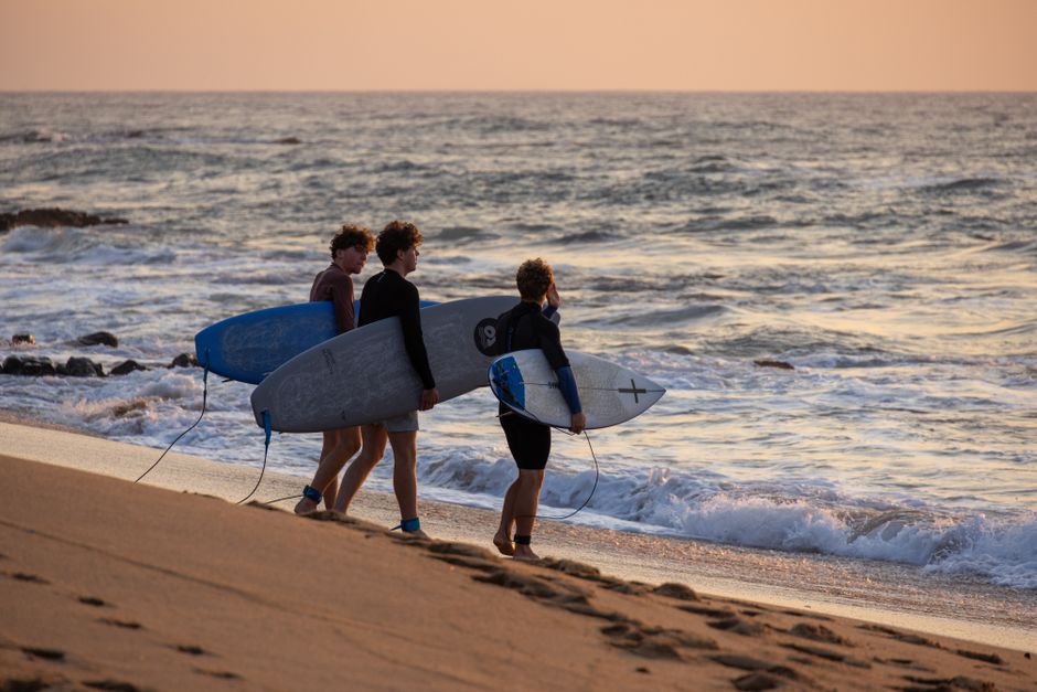 Three surfers walking with surfboards along a sandy beach at sunset, ready to ride the waves.