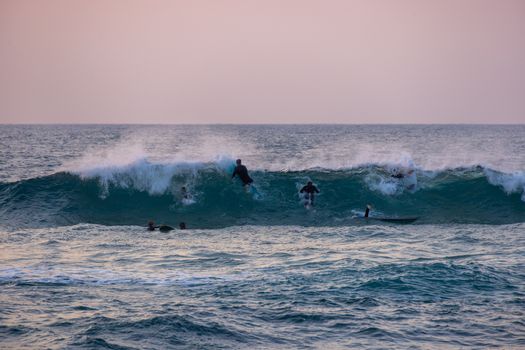 A group of surfers enjoying the waves during a beautiful ocean sunset.