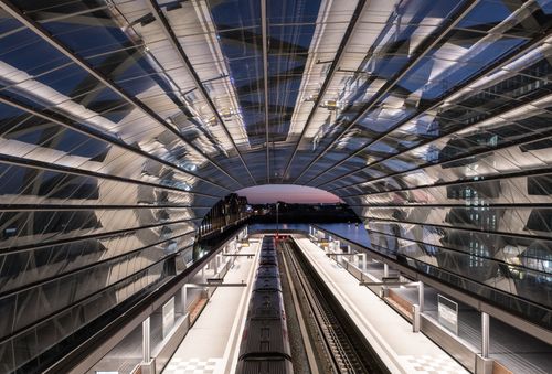 Free Stunning architectural shot of the Elbbrücken railway station in Hamburg at twilight. Stock Photo