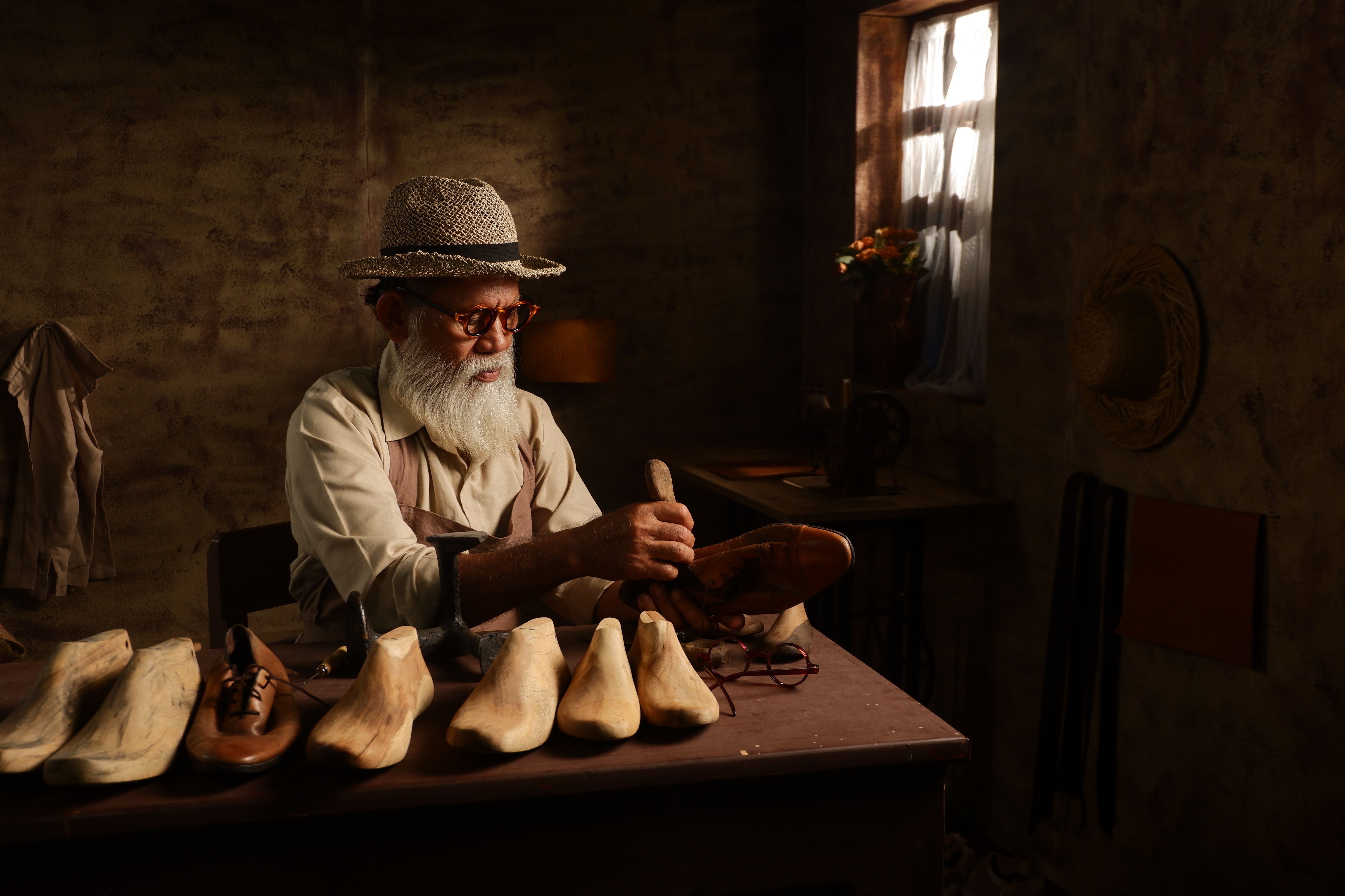 Traditional artisan workshop with natural light and handcrafted tools