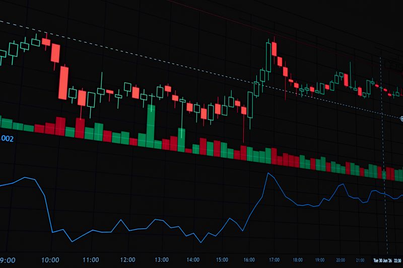 Dynamic financial market graph featuring a candlestick chart. Perfect for illustrating market trends and analysis.