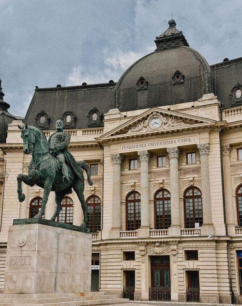 Free The equestrian statue of Carol I in front of Bucharest's University Library. Stock Photo