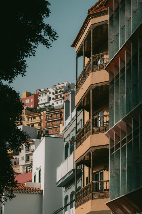 Free Balconies and colorful facades in San Sebastián de La Gomera, Spain. Stock Photo