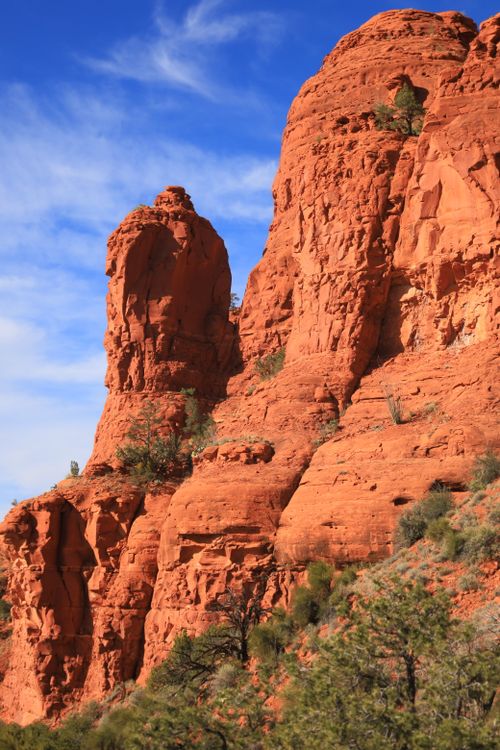 Free Breathtaking view of towering red rock formations under a vibrant blue sky in Arizona's desert. Stock Photo