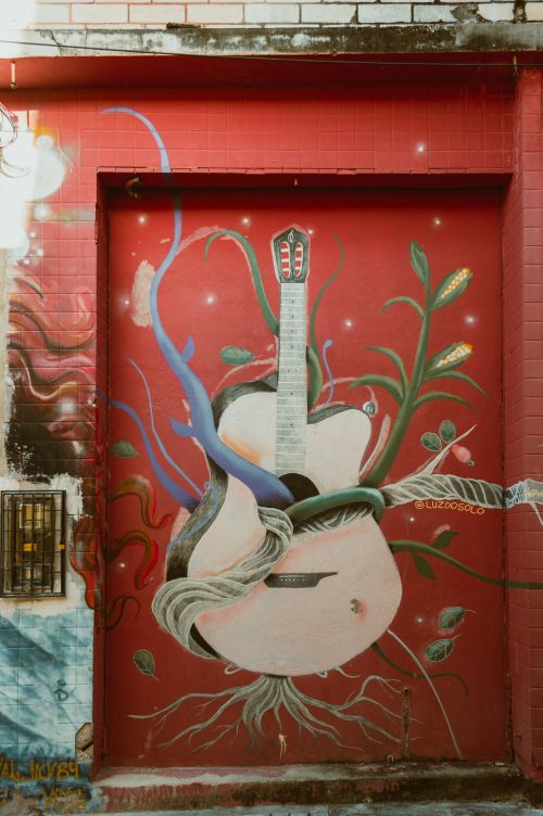 Free Colorful mural depicting a guitar with artistic elements on a red wall in Brazil. Stock Photo