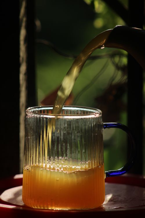 Free A clear glass mug with warm tea being poured in, bathed in sunlight. Stock Photo